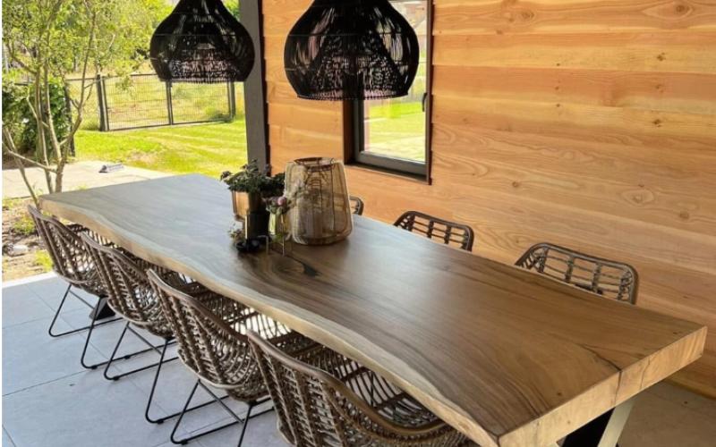 Suar Tuintafel &ndash; Stel zelf samen &ndash; 8 cm Massief Boomstamblad &ndash; Gratis Montage