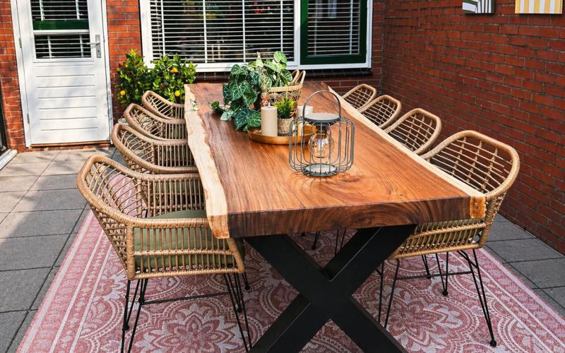 Suar Tuintafel &ndash; Stel zelf samen &ndash; 8 cm Massief Boomstamblad &ndash; Gratis Montage