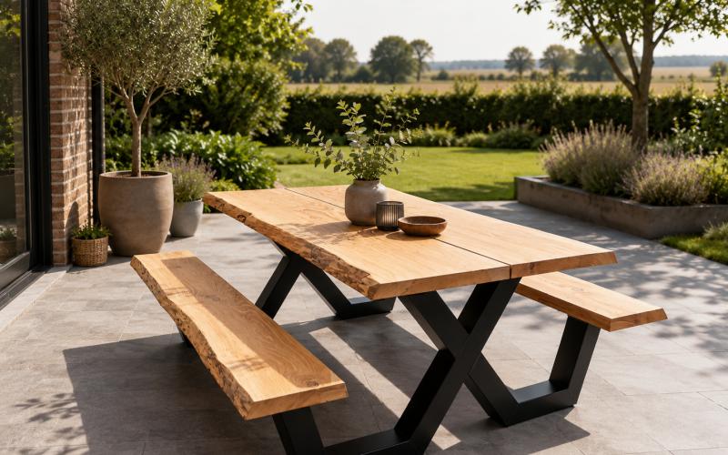 Douglas Boomstam Picknicktafel &ndash; Zwart Stalen Onderstel &ndash; 5 cm Massief &ndash; Stel zelf