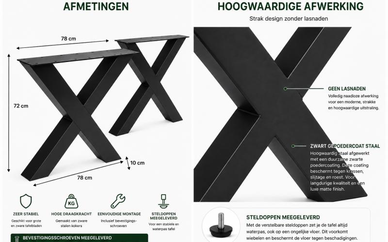 Metalen X Tafelpoten 100x100 mm Set van 2 | Industrieel & Stabiel
