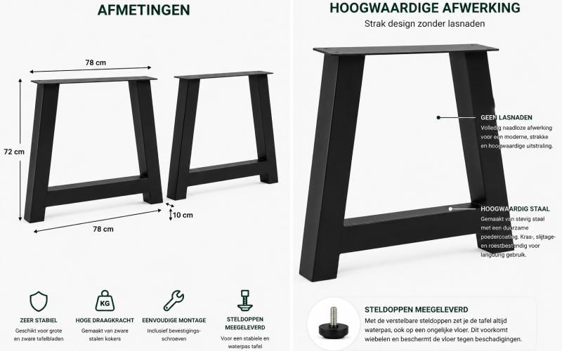 Metalen A Tafelpoten Zwart 100x100 mm Set van 2 | Industrieel & Stabiel