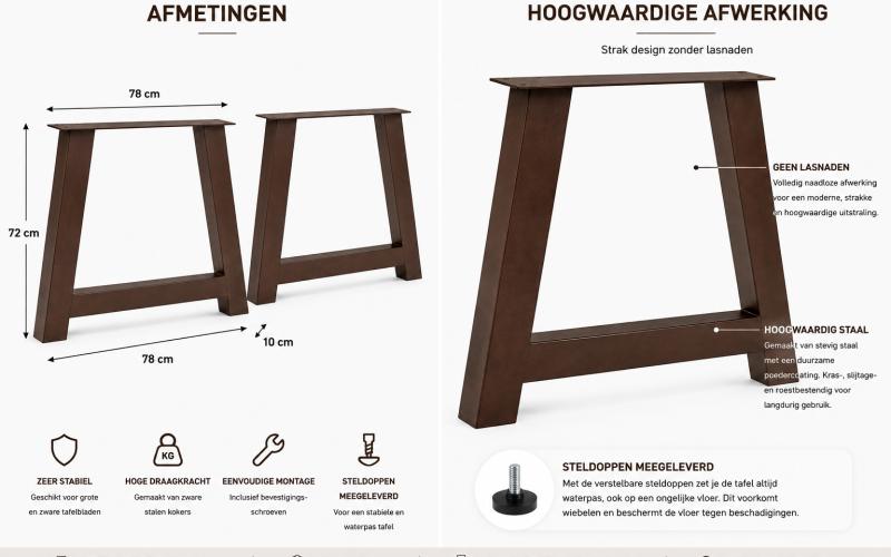 Bruine Metalen A Tafelpoten 100x100 mm Set van 2 | Anodic Brown